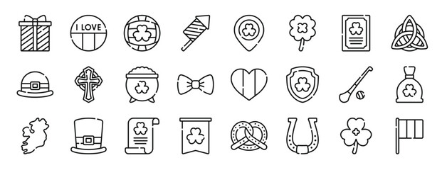 set of 24 outline web ireland icons such as gift, ireland, gaelic football, firecracker, st patrick, clover, greeting card vector icons for report, presentation, diagram, web design, mobile app - obrazy, fototapety, plakaty