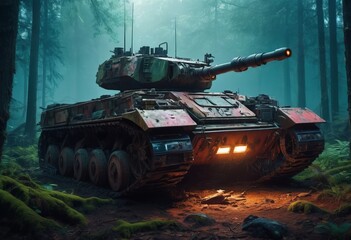 tank parked in a forest, with foliage growing around it - obrazy, fototapety, plakaty