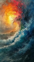Abstract swirling colors depicting a vibrant storm. Impressionistic whirl of fiery and cool hues in motion. Oil painting. Concept of elemental forces, abstract dynamism, passion vs. calm. Vertical - obrazy, fototapety, plakaty