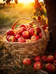 Apples Fruit in Wooden Basket in Summer Garden at Sunset. Autumn Harvest Concept, ripe red apple