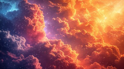 Obraz premium Vivid cosmic clouds with radiant rainbow colors. Ethereal skyscape blending sunlight and starlight. Concept of cosmic beauty, celestial drama, harmony of opposites, celestial cloudscape