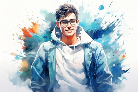 A Vibrant Watercolor Portrait Of A Young Man With Glasses In A White Hoodie. On A Background Of Aquarelle Splashes. Concept Of Modern Youth Fashion, Casual Style, Artistic Watercolour Painting.