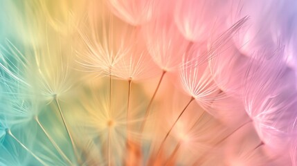 Dandelion fluff with pastel rainbow colors. Abstract colorful background. Concept of delicate beautiful backdrop, serene and calmness, dandelion seeds
