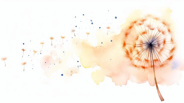 Watercolor illustration of dandelion with splashes with trendy pastel Peach color. Abstract background. Concept of delicate fashionable backdrop, serene and calmness, beauty of nature, botanical art