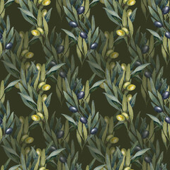 Seamless pattern with hand drawn watercolor olive tree leaves, branch, green and black olives fruit. floral illustration for fabrics, kitchen textiles, wallpapers, print.