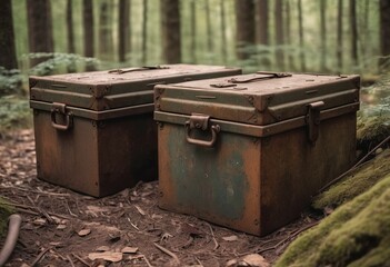 Wooden military crates for weapons and ammunition laid in the forest.