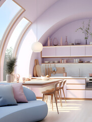 Pastel pink & blue interior, rounded furniture with natural light