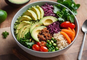 Healthy salad bowl with quinoa, tomatoes, chicken, avocado, lime and mixed greens, lettuce, parsley on wooden background top view. Food and health.