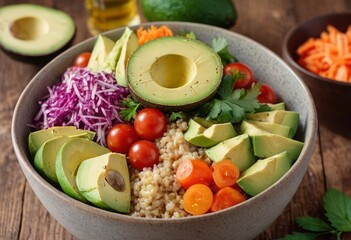 Healthy salad bowl with quinoa, tomatoes, chicken, avocado, lime and mixed greens, lettuce, parsley on wooden background top view. Food and health.