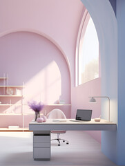 Pastel pink & blue office interior, rounded furniture with natural light