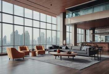 Fototapeta premium Big empty modern kitchen and living room wooden table, big couch and big windows
