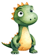 Watercolor illustration of a cute cartoon green dinosaur. Dragon, Baby animals. Simple, naive style. Transparent background, png