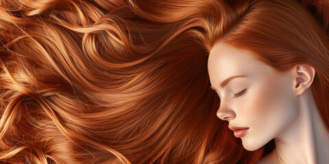 banner for a hair salon featuring glossy, wavy, beautiful red hair on a young woman with long, healthy hair.