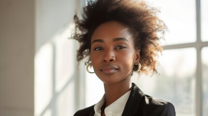 Serene African American woman in a chic blazer exudes confidence with a subtle smile, bathed in soft natural light