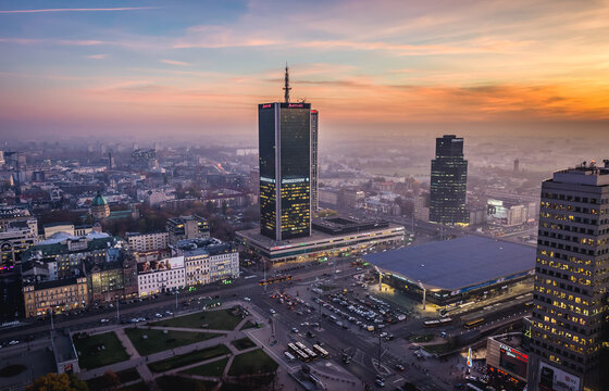 Warsaw, Poland - November 3, 2015: Aerial view from Palace of Culture and Science in Warsaw with Hotel Marriott Warszawa and Warsaw Central railway station