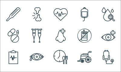 health line icons. linear set. quality vector line set such as stethoscope, eating, medical records, wheelchair, eyeball, drugs, smoking pipe, infusion, human bones.