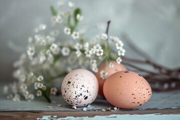 Two speckled Easter eggs lie near a bouquet of white baby's breath on a rustic surface. This serene composition is perfect for seasonal decoration ideas or Easter-related content.