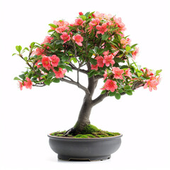 Fototapeta na wymiar Floral Delicacy: A Blooming Pink Azalea Bonsai Tree in Elegant Display, isolated on white background with full depth of field and deep focus fusion 