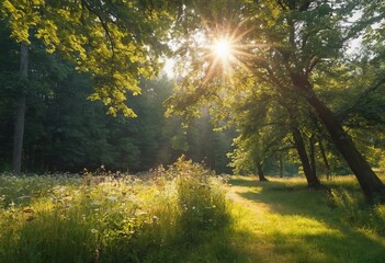 Scenic forest of fresh green deciduous trees framed by leaves, with the sun casting its warm rays through the foliage