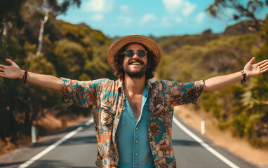 happy man standing in the middle of the road