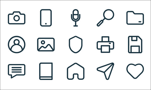 interface line icons. linear set. quality vector line set such as love, home, chat, send, book, profile, printer, search, smartphone.