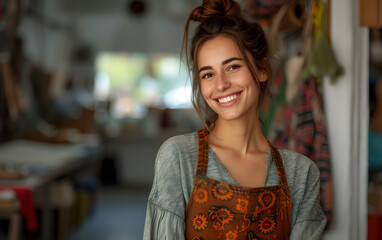 smiling woman in front of a workshop