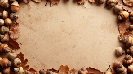 Obraz na płótnie Canvas Autumn acorns and leaves bordering a plain background, ideal for seasonal designs.