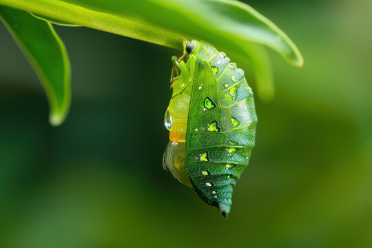 Butterfly chrysalis of nymphalidae hanging on plant leaf 
