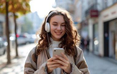 woman with phone and headphone walking in a street