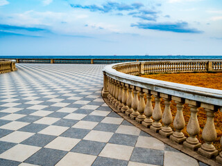 Amazing view of Terrazza Mascagni, historical belvedere terrace famous for its paved checkerboard surface, Livorno, Tuscany, Italy
- 724229645