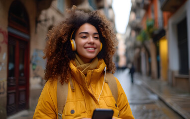 woman with phone and headphone walking in a street
