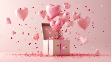 Cute love message popping out of an open present box with confetti and heart shape balloons around. 3d scene design. Suitable for Valentine's Day and Mother's Day. - obrazy, fototapety, plakaty