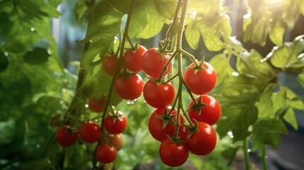 Fototapeta premium Tomato branch background. Fresh ripe whole tomatoes with water droplets, harvest concept, realistic, detailed, close up. Grocery product package, advert