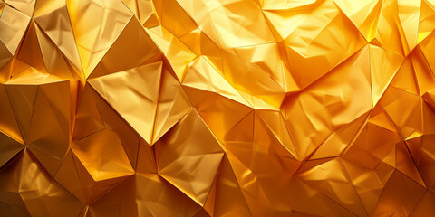 Long panoramic golden abstract background banner with 3D geometric triangular gradient shapes for website, business, or print design template. Metallic metal paper pattern illustration wall.