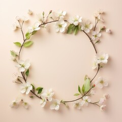 Fototapeta na wymiar spring composition. A circle of buds and white blossoming apple flowers on a beige light pastel background. Flat lay, top view, copy space