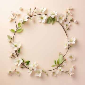 spring composition. A circle of buds and white blossoming apple flowers on a beige light pastel background. Flat lay, top view, copy space