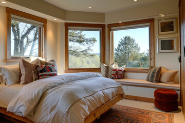 Bedroom with corner windows and sun rights 