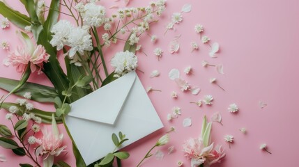 Festive composition with an envelope with fresh flowers and the inscription Happy Mother's Day flat lay. 