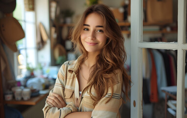 smiling woman in front of a workshop