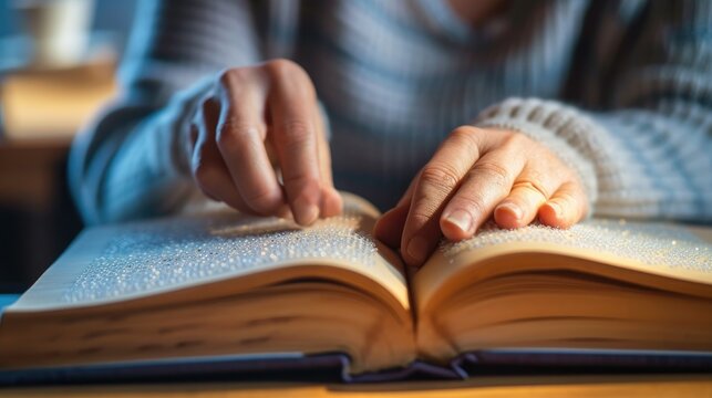 Blind person reading book with Braille letters