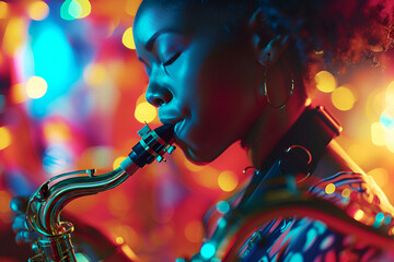 Woman saxophone player performing jazz music in a blues club against bokeh background. Female musician playing sax in neon glow. Jazz saxophonist lost in music amidst colorful lights - obrazy, fototapety, plakaty