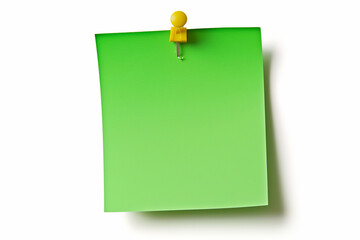 one Green colored sticky note pinned on a white background, Empty blank note paper stick on white board, pinned Reminder memo isolated on flat wall, Green color blank sheet paper on white background