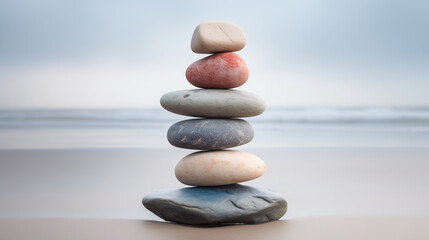 Fototapeta na wymiar Pebble cairn, stack of smooth colorful pebbles on the seaside. Stone stack on the sand beach near a calm misty ocean. Beautiful, quiet seascape. Peaceful meditative mood.