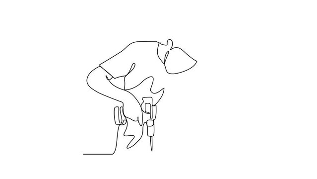 Animated self drawing of a site worker is drilling into wood in building project video illustration. Building construction site activity illustration simple linear style video design concept.