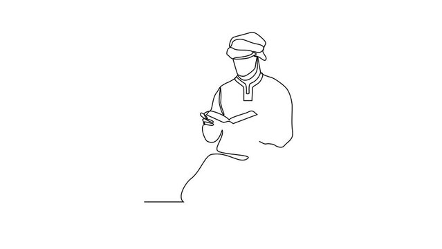 Animated self drawing of a Muslim man read the Quran and praying in the mosque during Ramadhan video illustration. Ramadhan Mubarak activity illustration in simple linear style video design concept.
