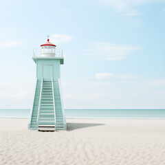 Cyan colored wooden lighthouse with ladder, by the sea on empty beach. Minimalist coastal landscape on a calm summer day. Peaceful ocean and blue sky. Retro style image.