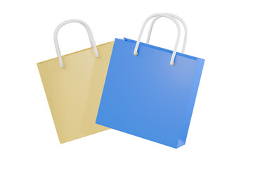 3D Minimal blue, yellow Paper bags or shopping bags icon isolated on pink background. Online shopping concept. Ecommerce concept.3d shopping bag minimal cartoon design creative icon. 3d rendering
