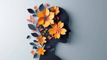International Womens Day poster with woman silhouette and floral ornaments in paper cut 3D illustration. Female face flyer for feminism, independence, empowerment and Women's day equality concept 