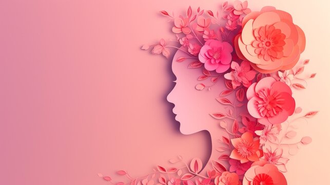 International Womens Day Poster With Woman Silhouette And Floral Ornaments In Paper Cut 3D Illustration. Female Face Flyer For Feminism, Independence, Empowerment And Women's Day Equality Concept 