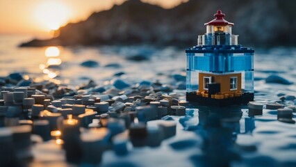 holiday at the beach lighthouse is made of Lego bricks and the water is made of blue jelly lighthouse at Thomas Point 